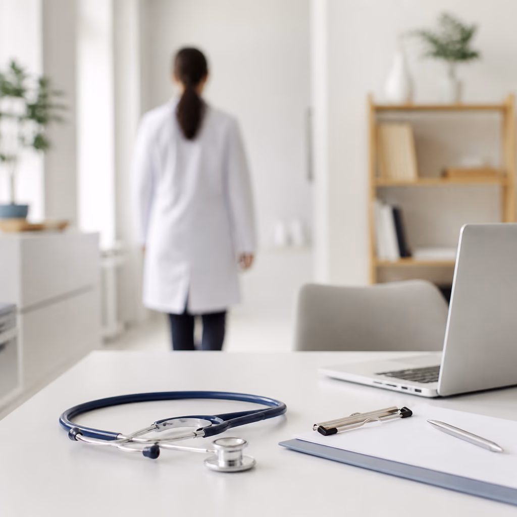 Stethoskop, Klemmbrett und Laptop auf dem Schreibtisch einer hellen Arztpraxis