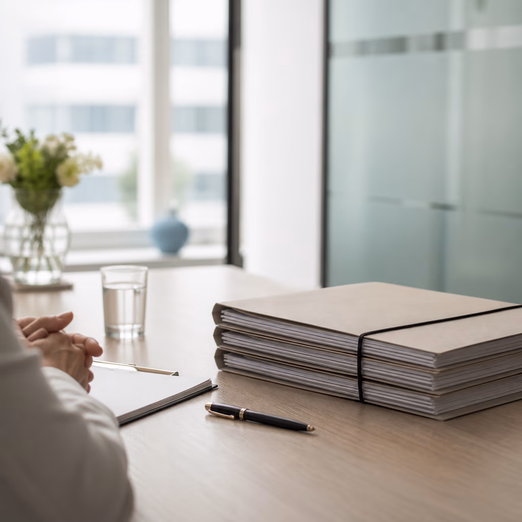 Confidential files and a fountain pen on a desk in a quiet consultation room