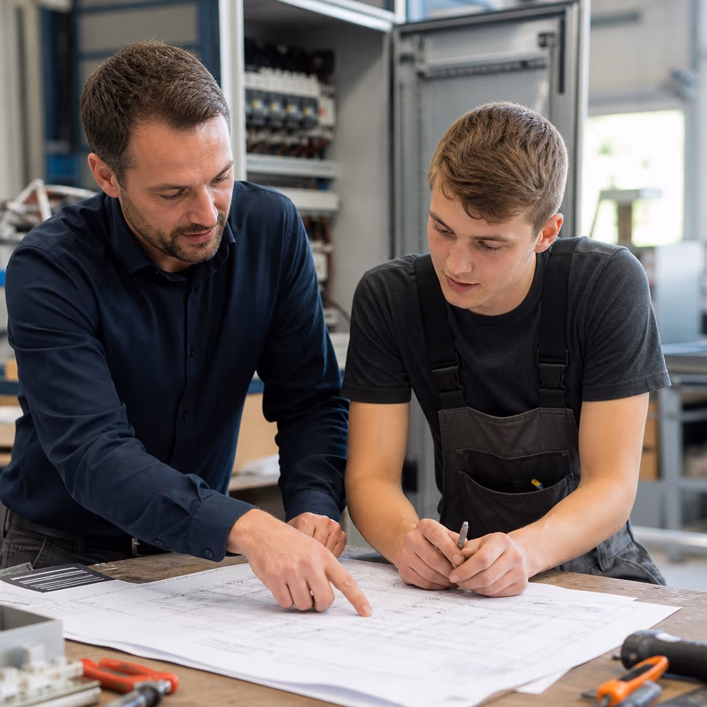 Elektroingenieur und junger Techniker besprechen einen Schaltplan an der Werkbank