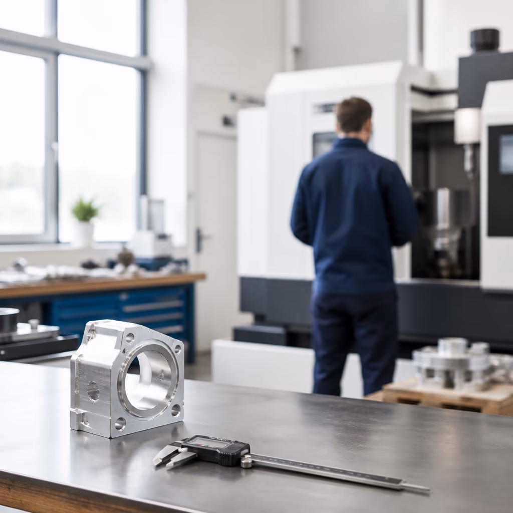 Gefrästes Aluminiumbauteil und Messschieber auf einer Werkbank, dahinter eine CNC-Maschine