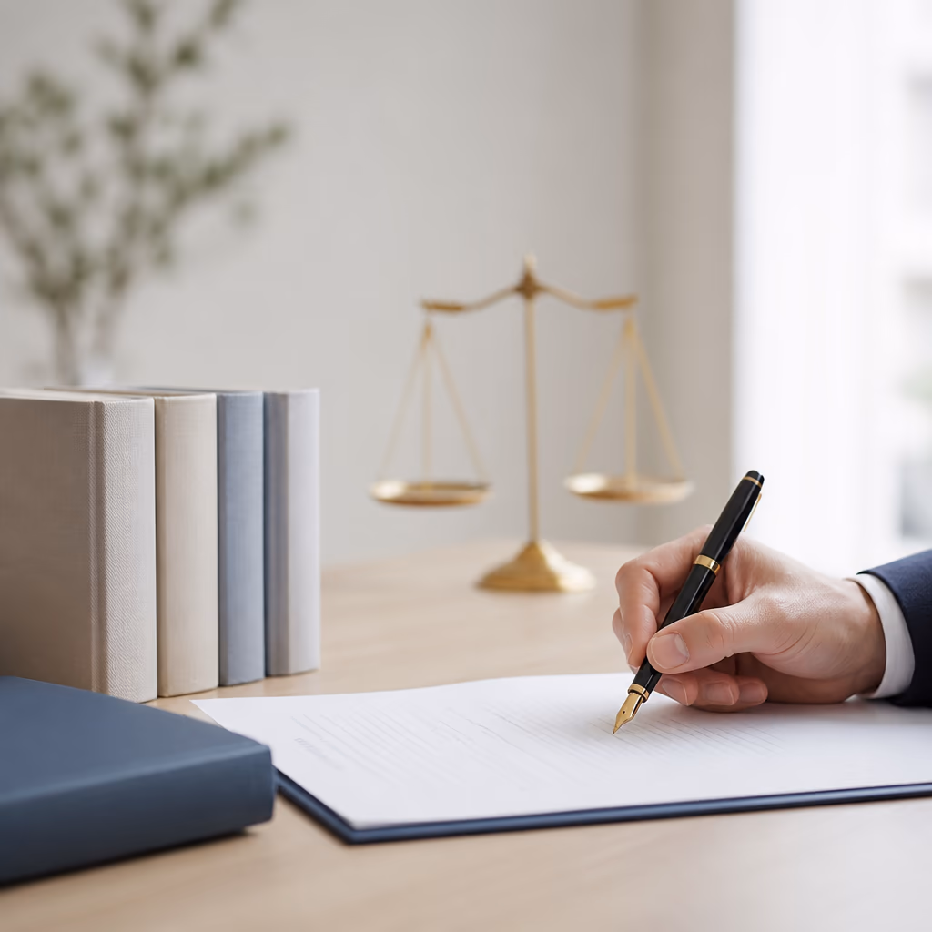 Hand unterschreibt einen Vertrag mit Füllfederhalter, dahinter Gesetzbücher und eine Justizwaage