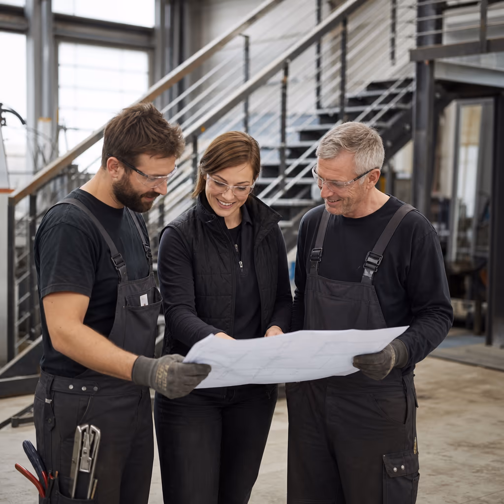 Metallbauer und Projektleiterin besprechen Pläne in der Werkstatt, dahinter eine Stahltreppe