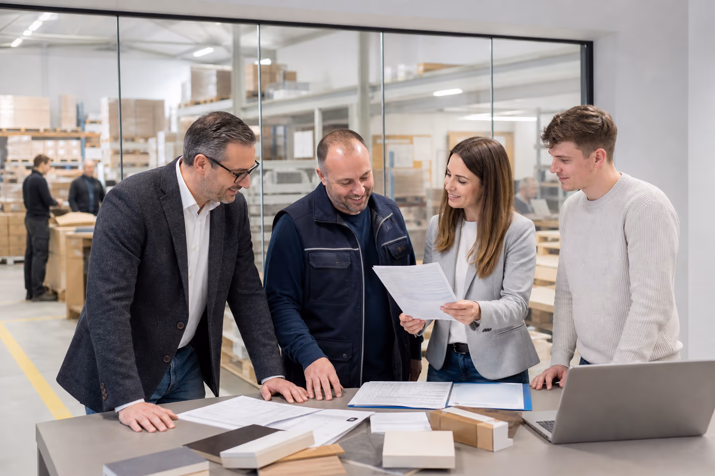 Team eines mittelständischen Unternehmens bespricht Aufträge, im Hintergrund das eigene Lager