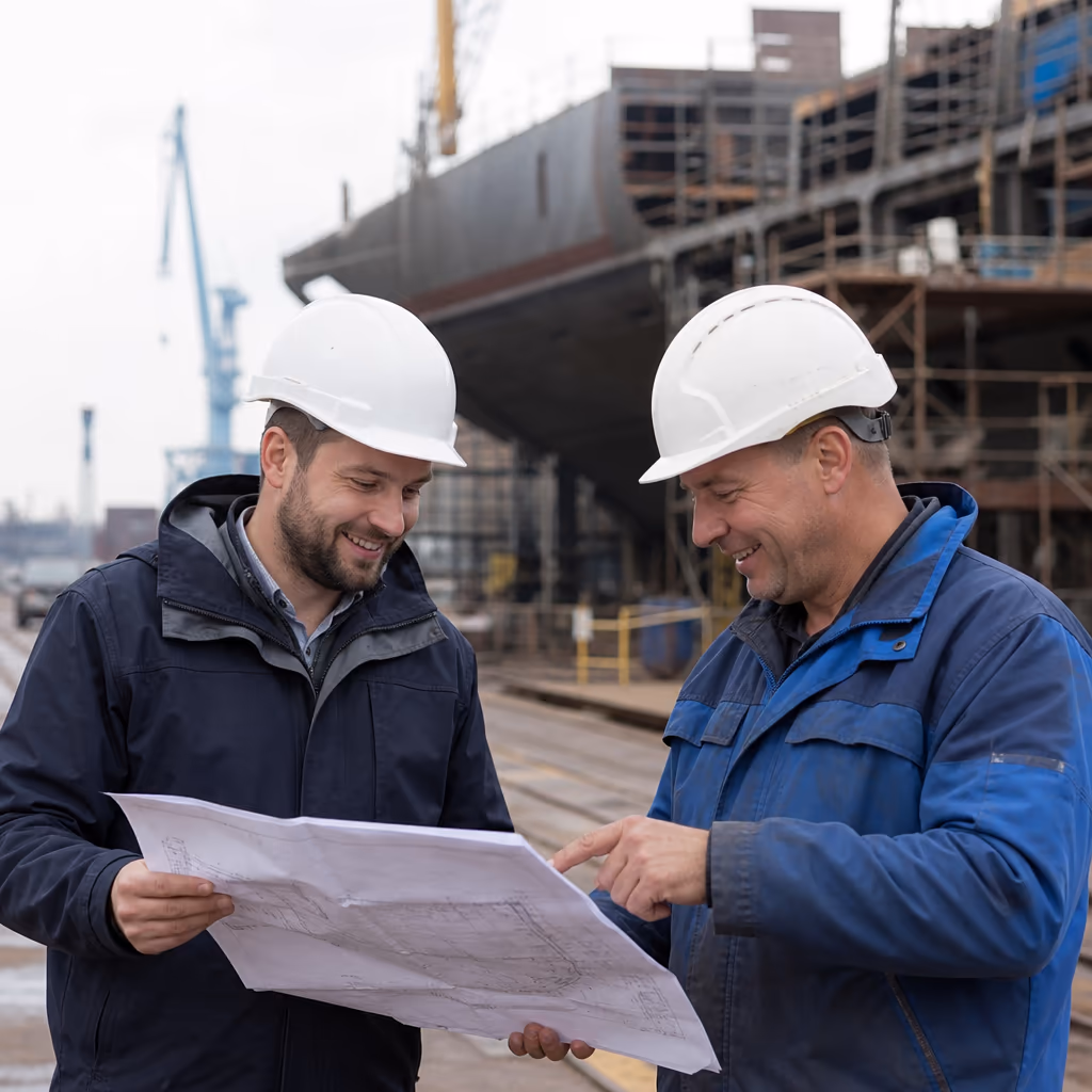 Projektingenieur und Vorarbeiter mit Helmen besprechen Pläne auf der Werft, dahinter ein Schiffsrumpf
