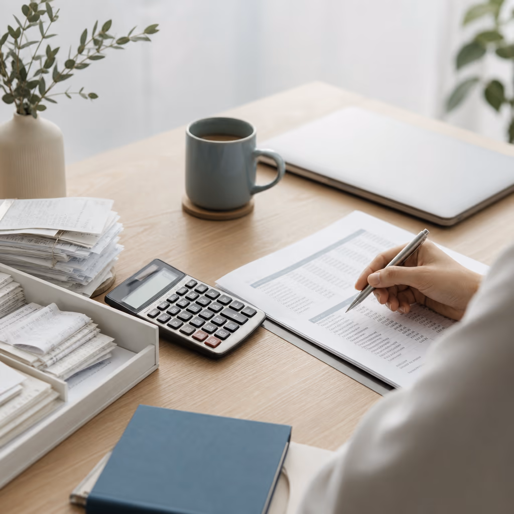 Tax adviser reviewing documents at a desk with receipts and a calculator